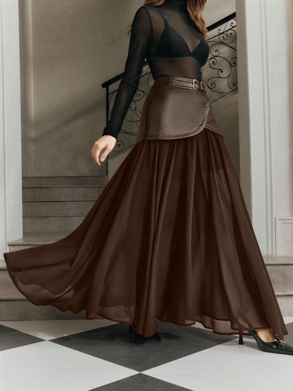 Rust Brown Casual Women's Chiffon Patchwork Double Belt Maxi Skirt - Picture 3 of 7